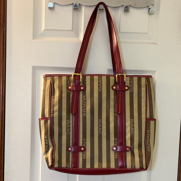Isaac Mizrahi Handbags - ISAAC MIZRAHI for TARGET Brown & Tan Striped Logo Tote w/ Faux Red Leather Trim